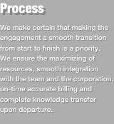 Process
We make certain that making the engagement a smooth transition from start to finish is a priority.  We ensure the maximizing of resources, smooth integration with the team and the corporation, on-time accurate billing and complete knowledge transfer upon departure. 
